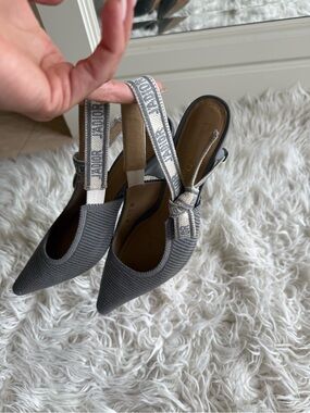 Dior Gray Knit Pointed Slingback Heels with Logo Strap
